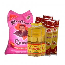 1 RIZ MEME CASSE 25 KG + 5 SPAGHETTIS MADO 500G + 3 BOUTEILLES HUILE MAYOR